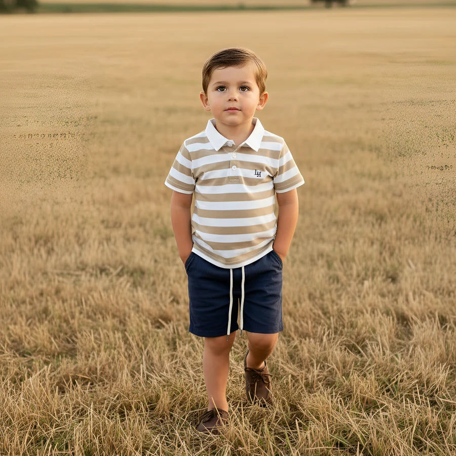 Boys Rugby Polo Shirt Beige Stripe