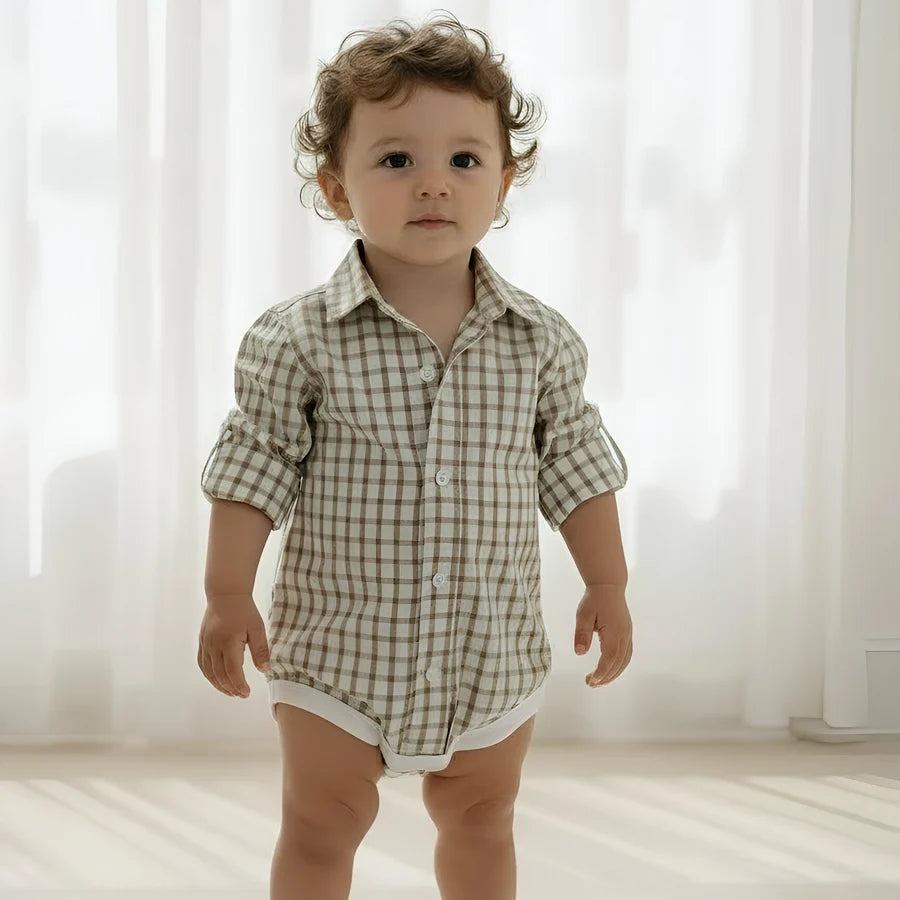 Baby Boys Oxford Dress Shirt Romper Tan Check