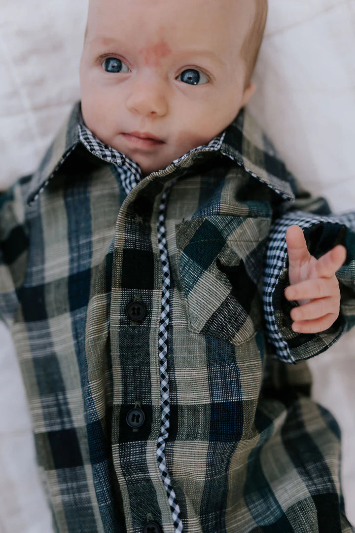 Lucas Linen Checked Long Sleeve Romper