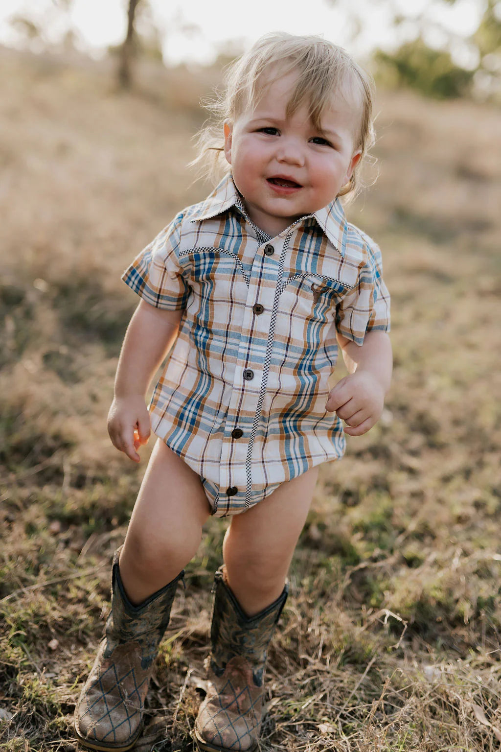 Dallas Checked Tan Short Sleeve Romper