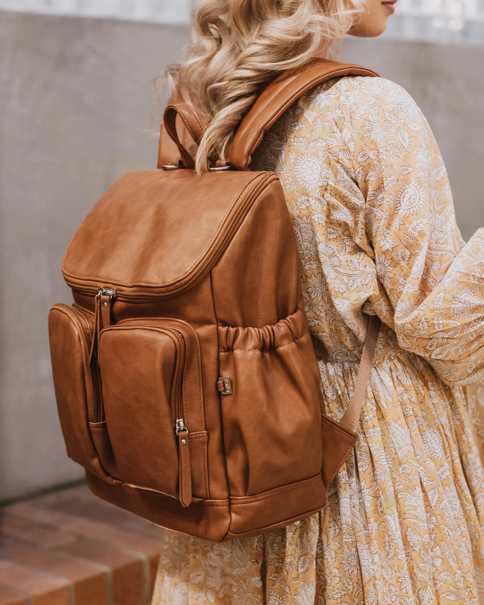 Tan faux leather backpack sales