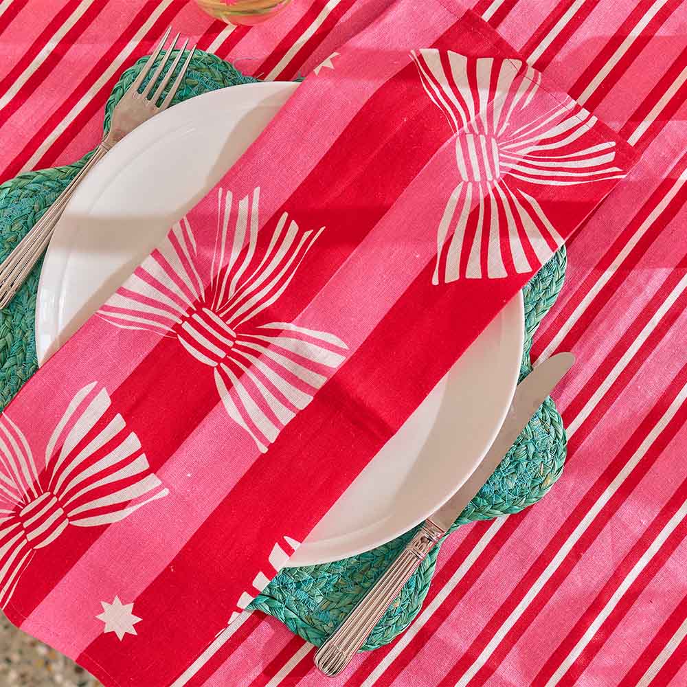Linen Cotton Napkin 4pk Red Pink Bow