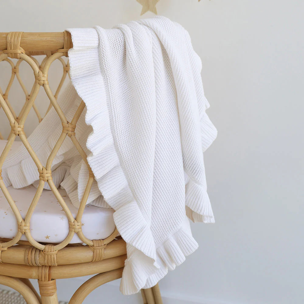 White Ruffle Knit Baby Blanket