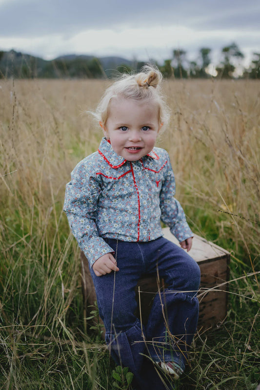 Paris Baby Floral Blues and Red Collar Long Sleeve Romper