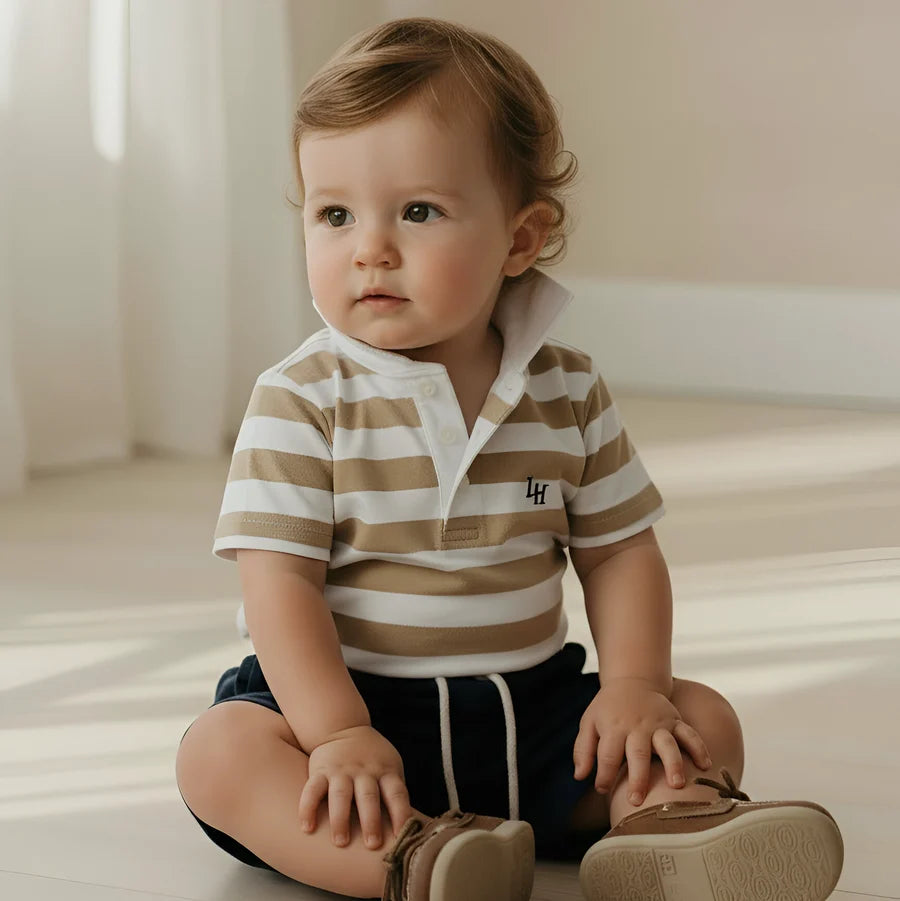 Baby Boys Rugby Polo Romper Beige Stripe