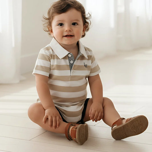 Baby Boys Rugby Polo Romper Beige Stripe