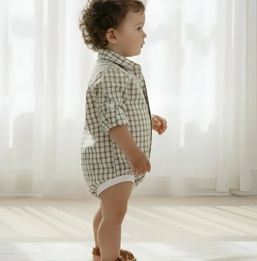 Baby Boys Oxford Dress Shirt Romper Tan Check