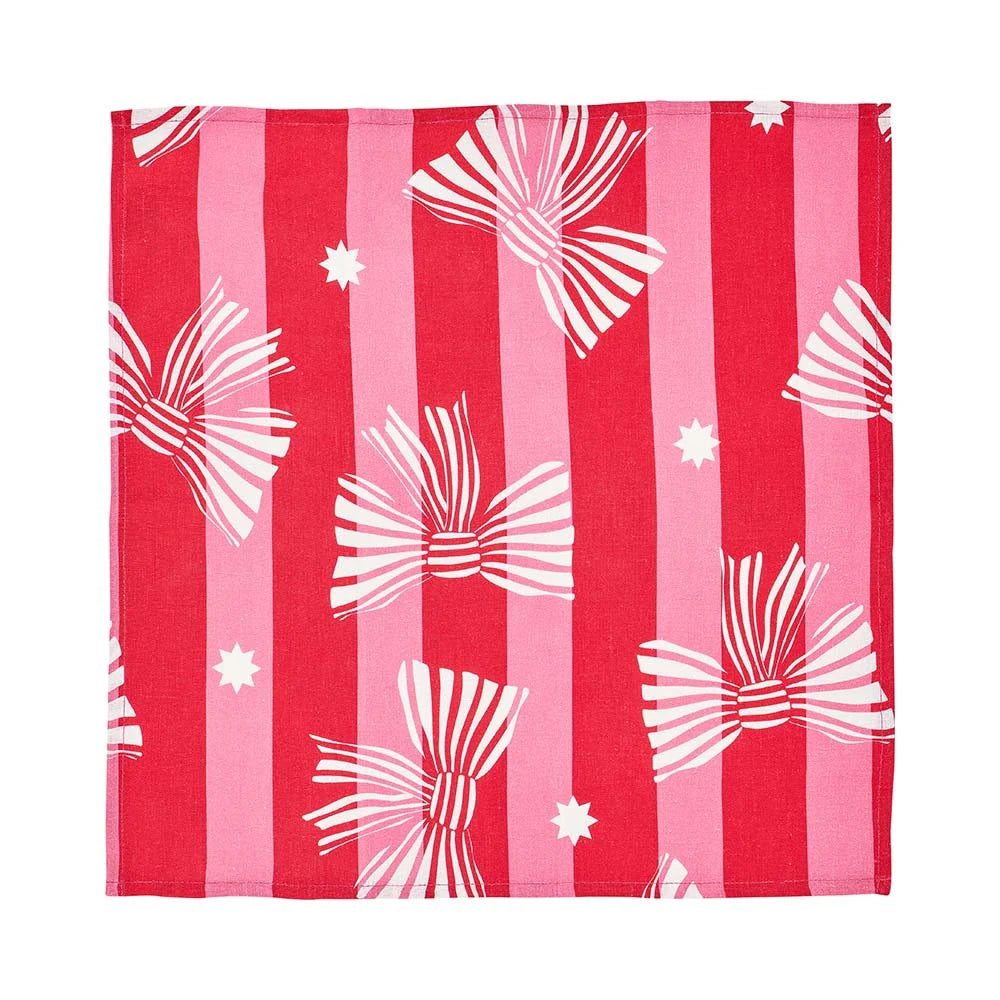 Linen Cotton Napkin 4pk Red Pink Bow