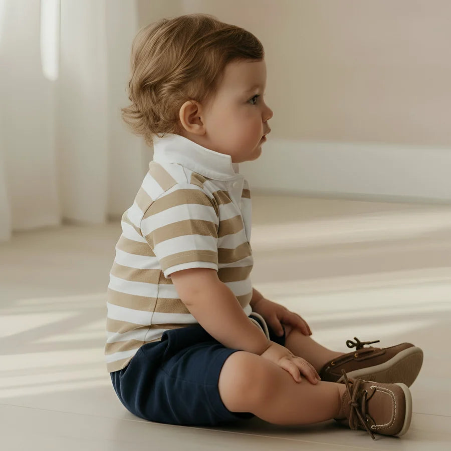 Baby Boys Rugby Polo Romper Beige Stripe