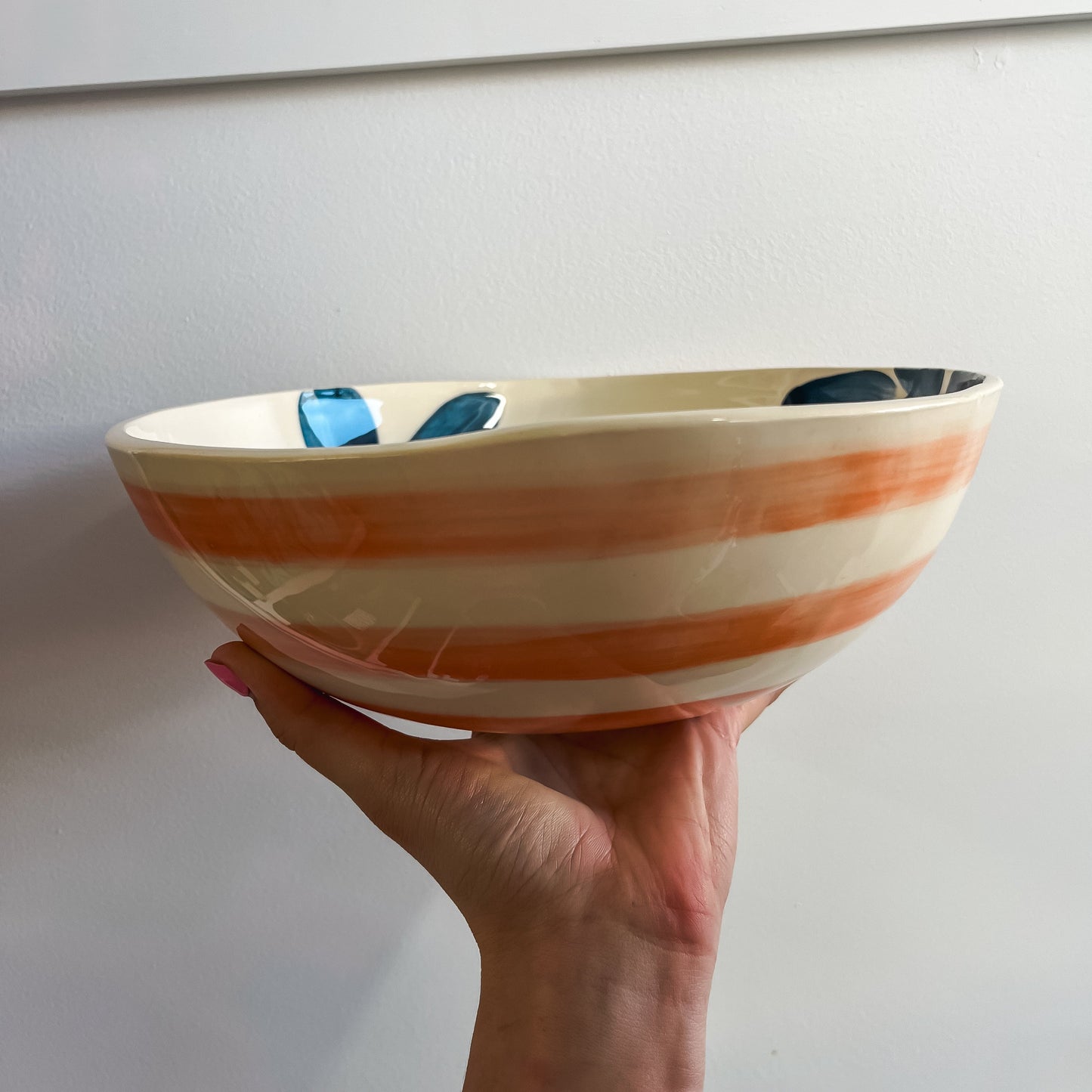 Salad Bowl Navy Floral & Orange Stripe