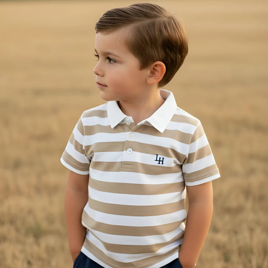 Boys Rugby Polo Shirt Beige Stripe