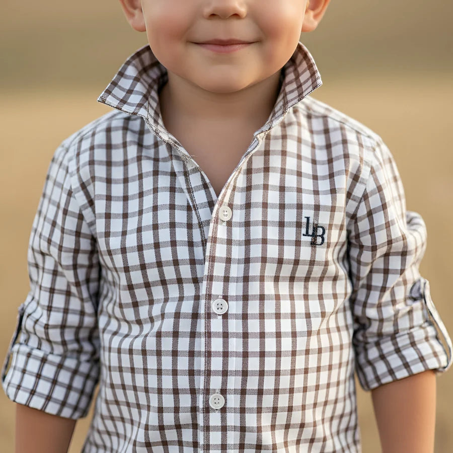 Boys Oxford Dress Shirt Tan Check
