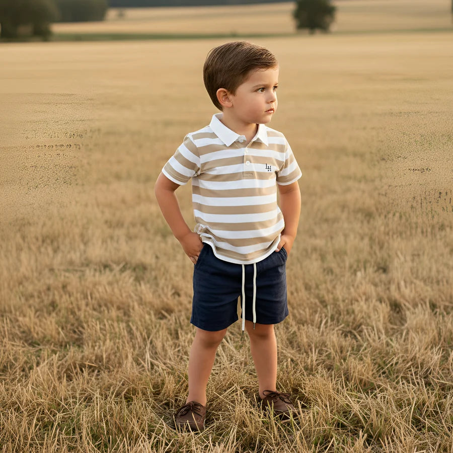Boys Rugby Polo Shirt Beige Stripe