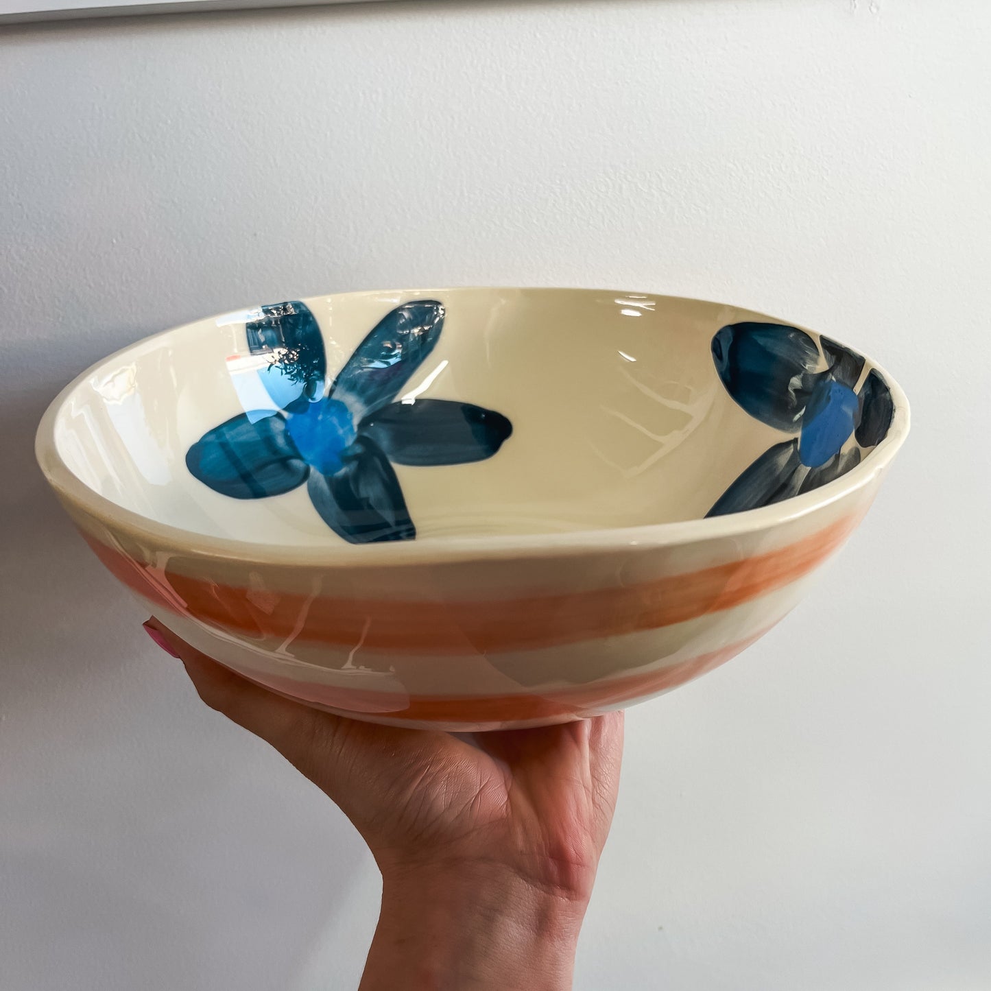 Salad Bowl Navy Floral & Orange Stripe