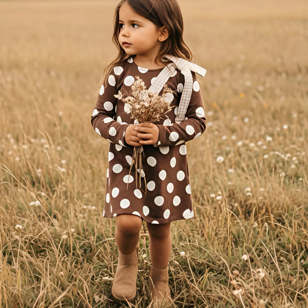 Girls Mary Dress Brown/White Spot