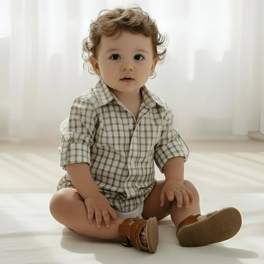 Baby Boys Oxford Dress Shirt Romper Tan Check