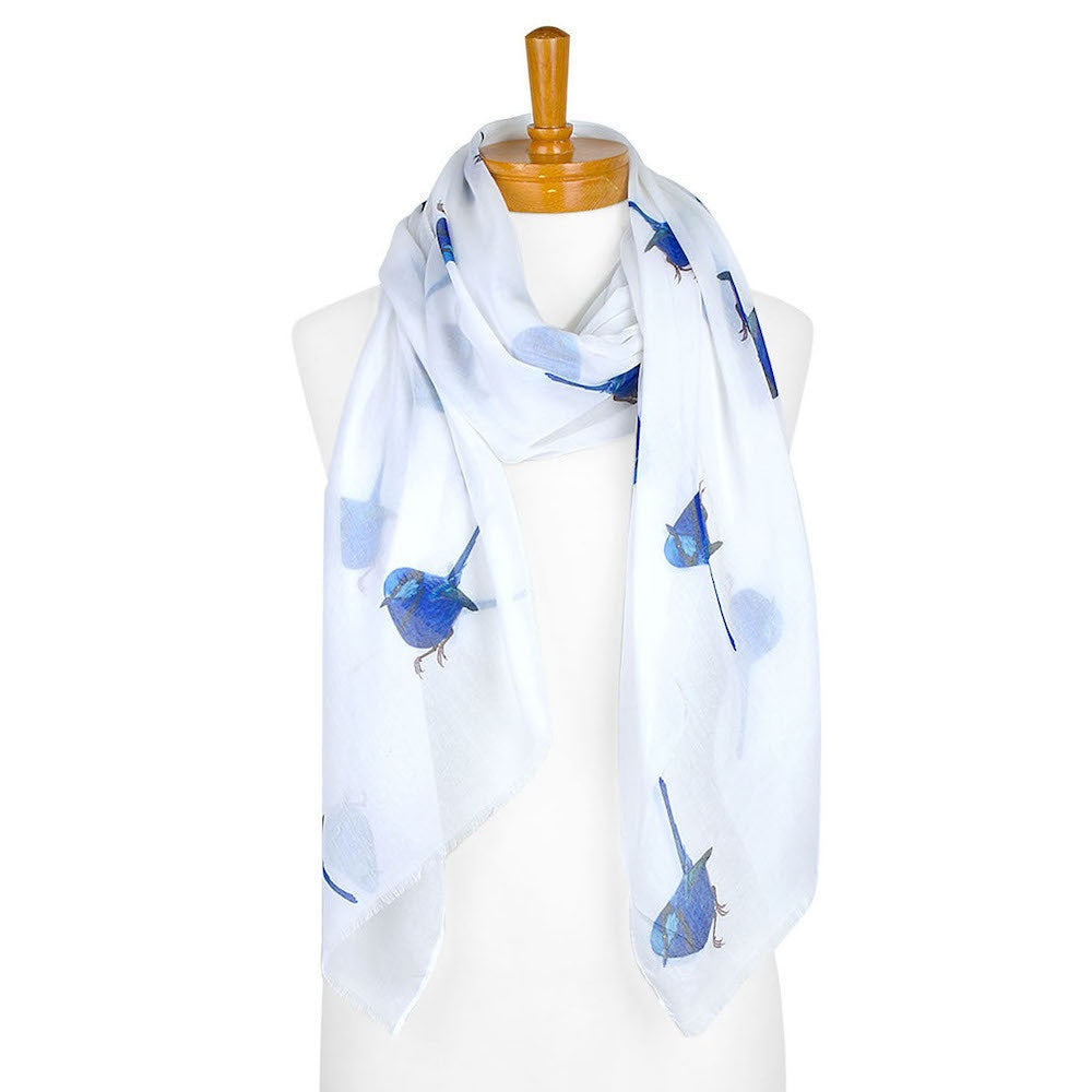 Blue Wren Bird Scarf White