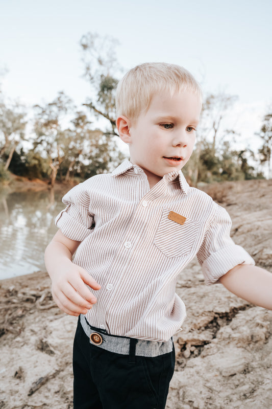 Boys Dress Shirt Beige Pinstripe