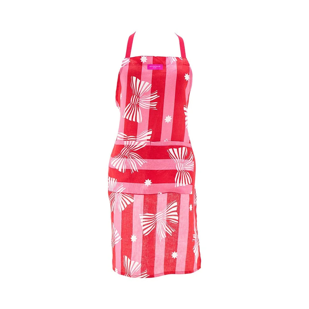 Linen Cotton Apron  Red Pink Bow
