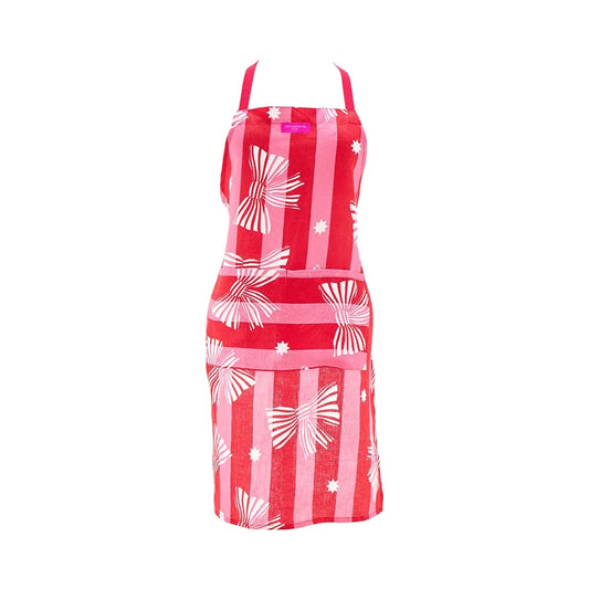 Linen Cotton Apron  Red Pink Bow