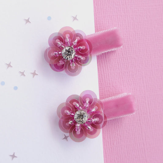 Hot Pink Jewel Flower Hair Clips