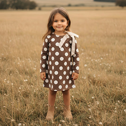 Girls Mary Dress Brown/White Spot
