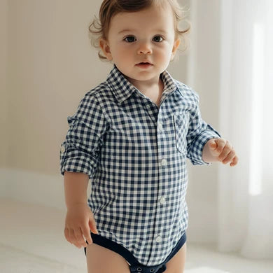 Baby Boys Dress Shirt Romper Blue Check