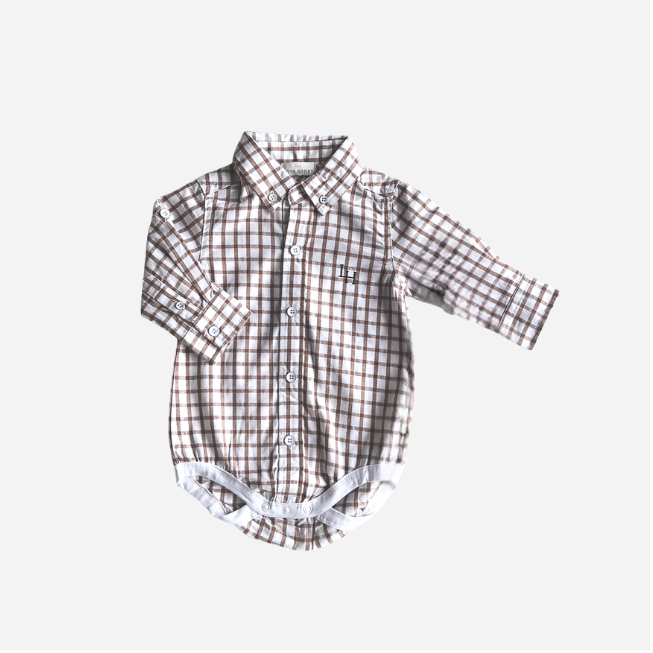 Baby Boys Oxford Dress Shirt Romper Tan Check