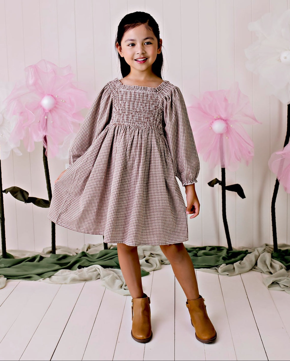 Lily L/S Puff Sleeve Dress Choc Gingham