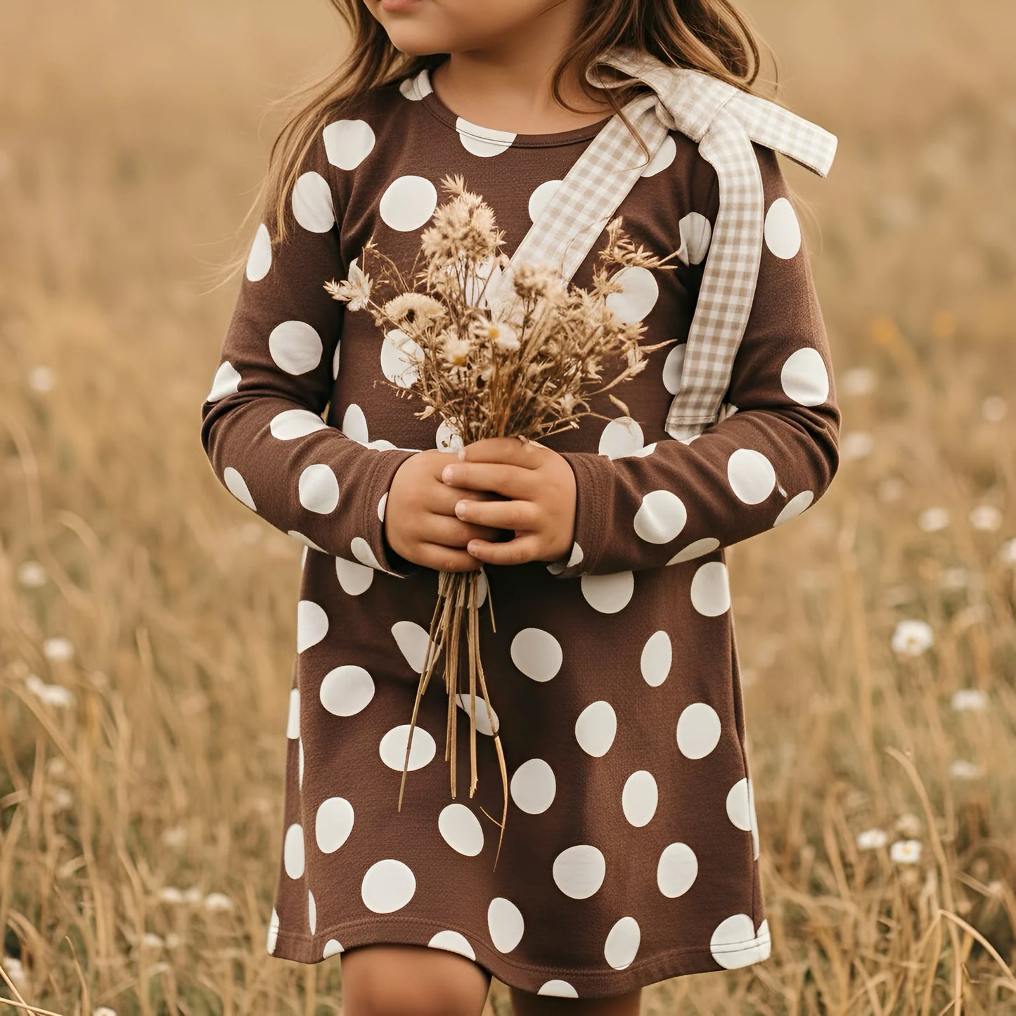 Girls Mary Dress Brown/White Spot