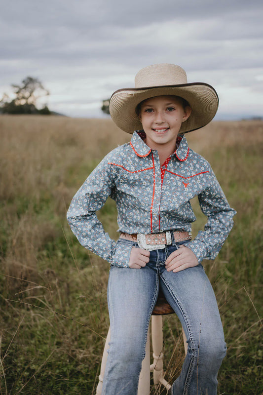 Paris Jnr Floral Blues and Red Yoke Long Sleeve Shirt