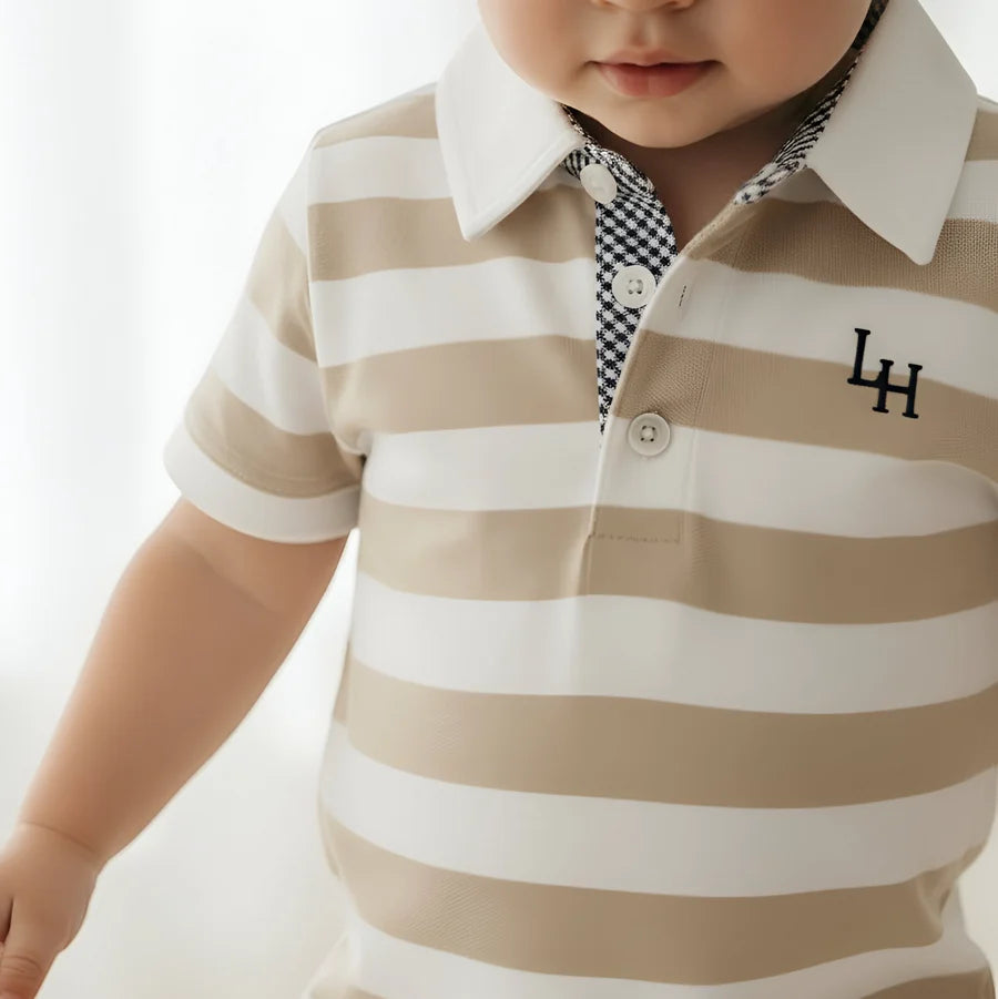 Baby Boys Rugby Polo Romper Beige Stripe