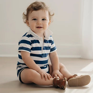 Baby Boys Rugby Polo Romper Blue Stripe