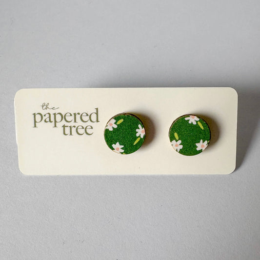 12mm Studs Green White Floral