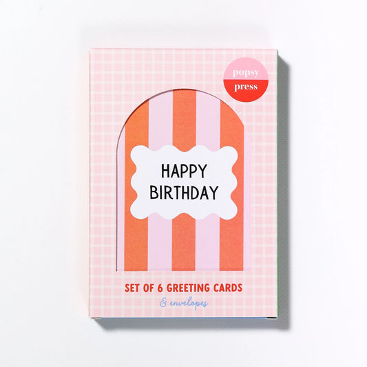 Stripy Happy Birthday Card Box Set of 6