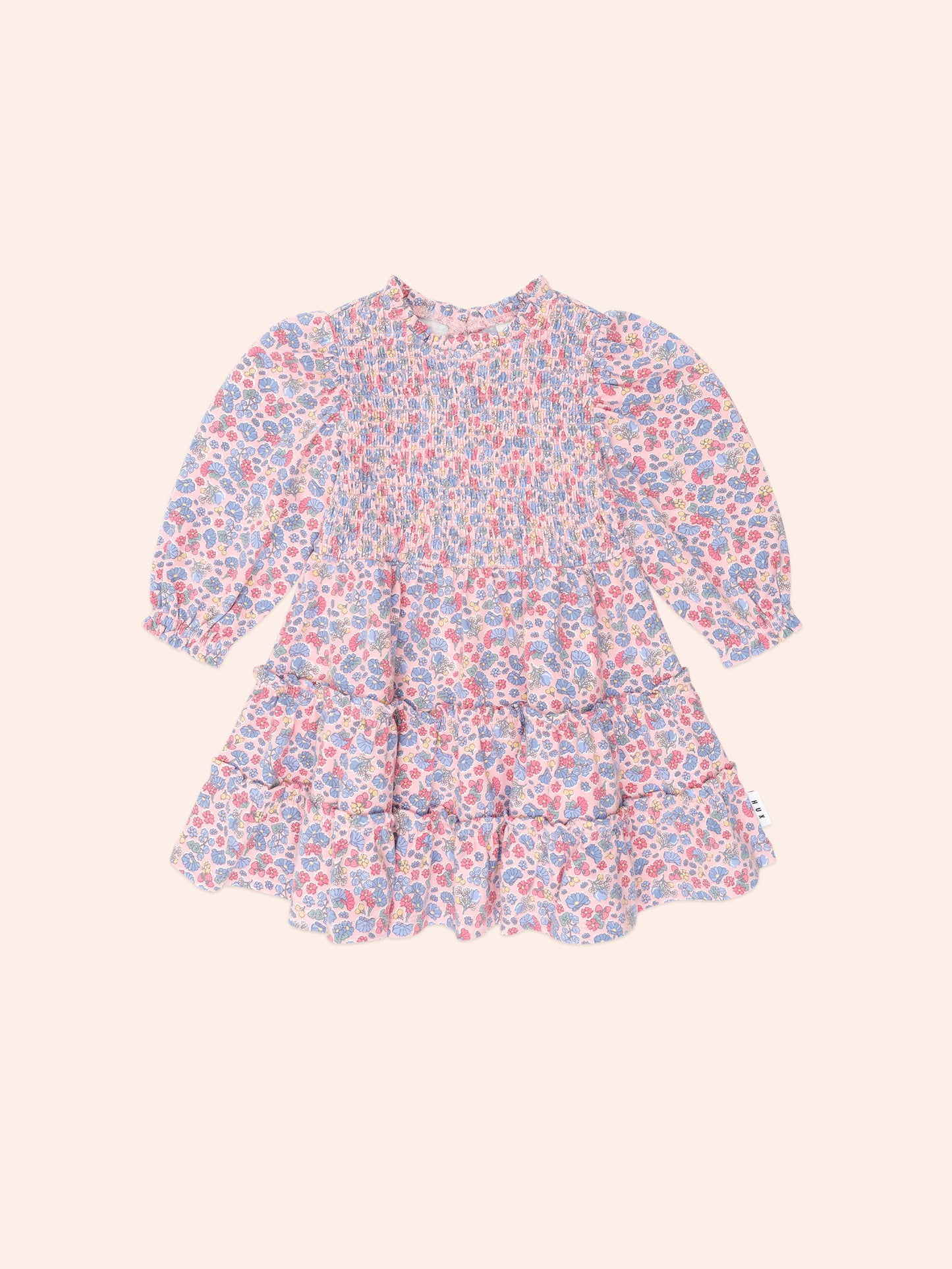 Vintage Floral Puff Long Sleeve Shirred Dress