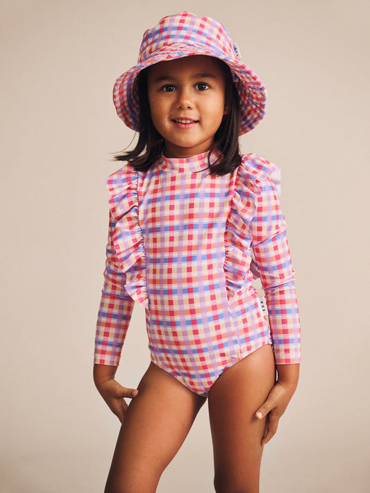 Scandi Frill Swimsuit Rainbow Check