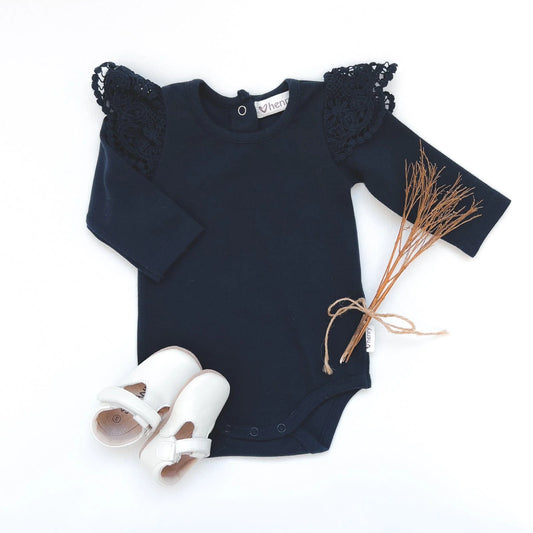 Baby Girls Lace Sleeve Onesie - Navy