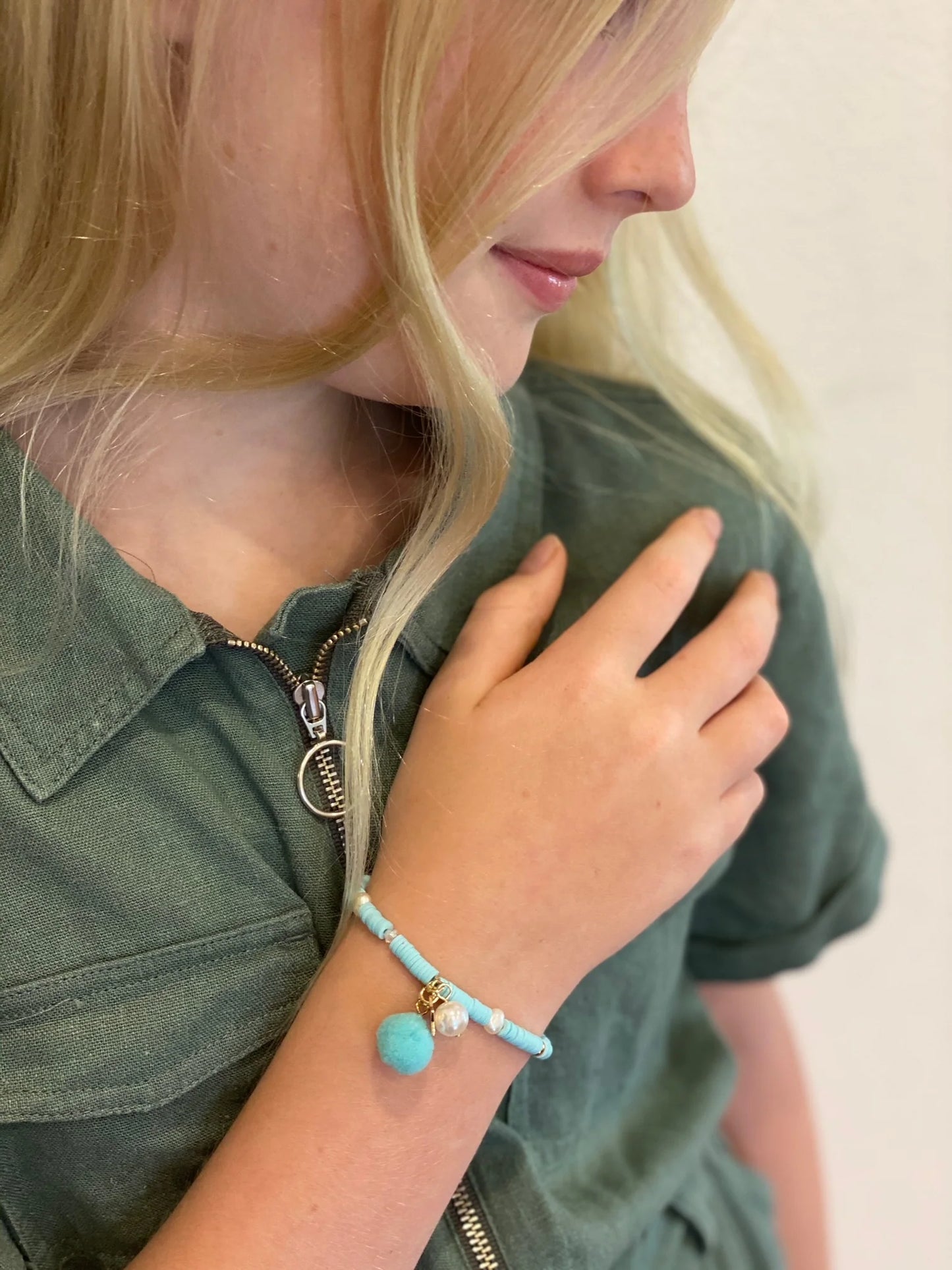 Aqua Pom Pom Elastic Bracelet