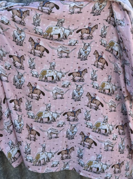 Light Cotton Muslin Swaddle Pink Longhorn