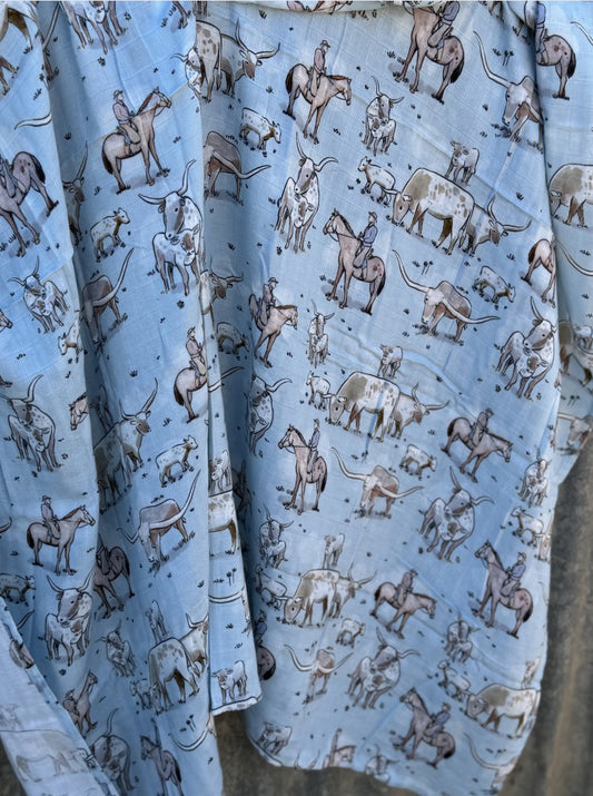 Light Cotton Muslin Swaddle Blue Longhorn