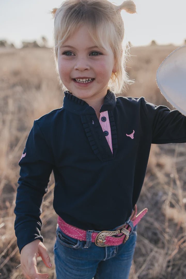 Belbel Jnr Navy Ruffle Pink Gingham Contrast Long Sleeve Polo