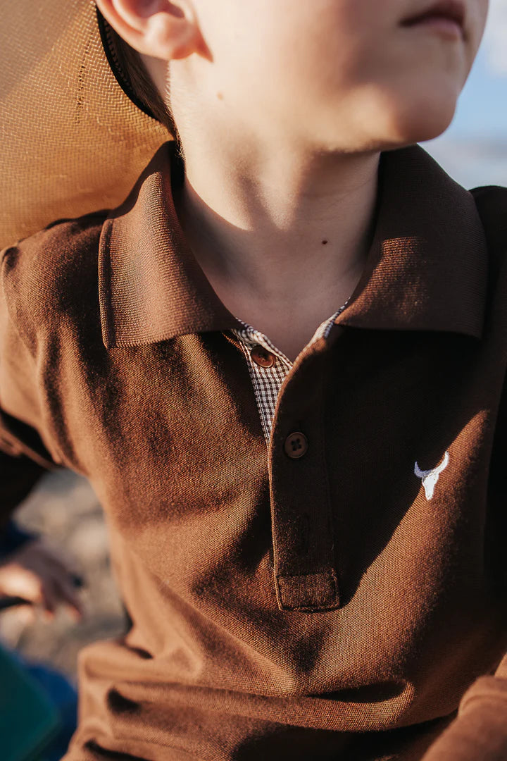 Hanley Chocolate Gingham Contrast Long Sleeve Polo