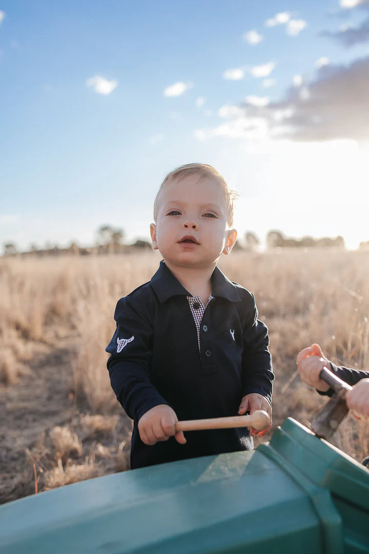 Brandon Jnr Navy Gingham Contrast Long Sleeve Polo