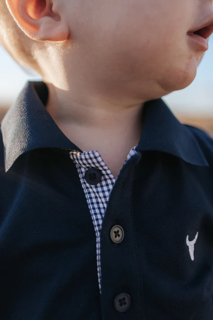Brandon Jnr Navy Gingham Contrast Long Sleeve Polo