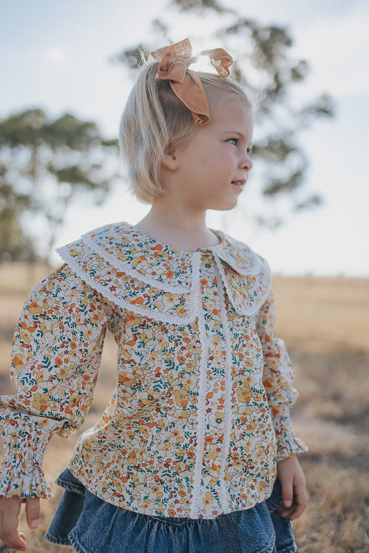 Elsie Girls Butter Yellow Floral Long Sleeve Blouse