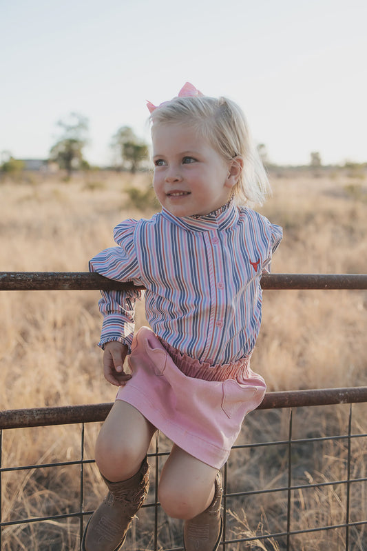 Lauren Multi Stripe Pink Ruffle Long Sleeve Shirt