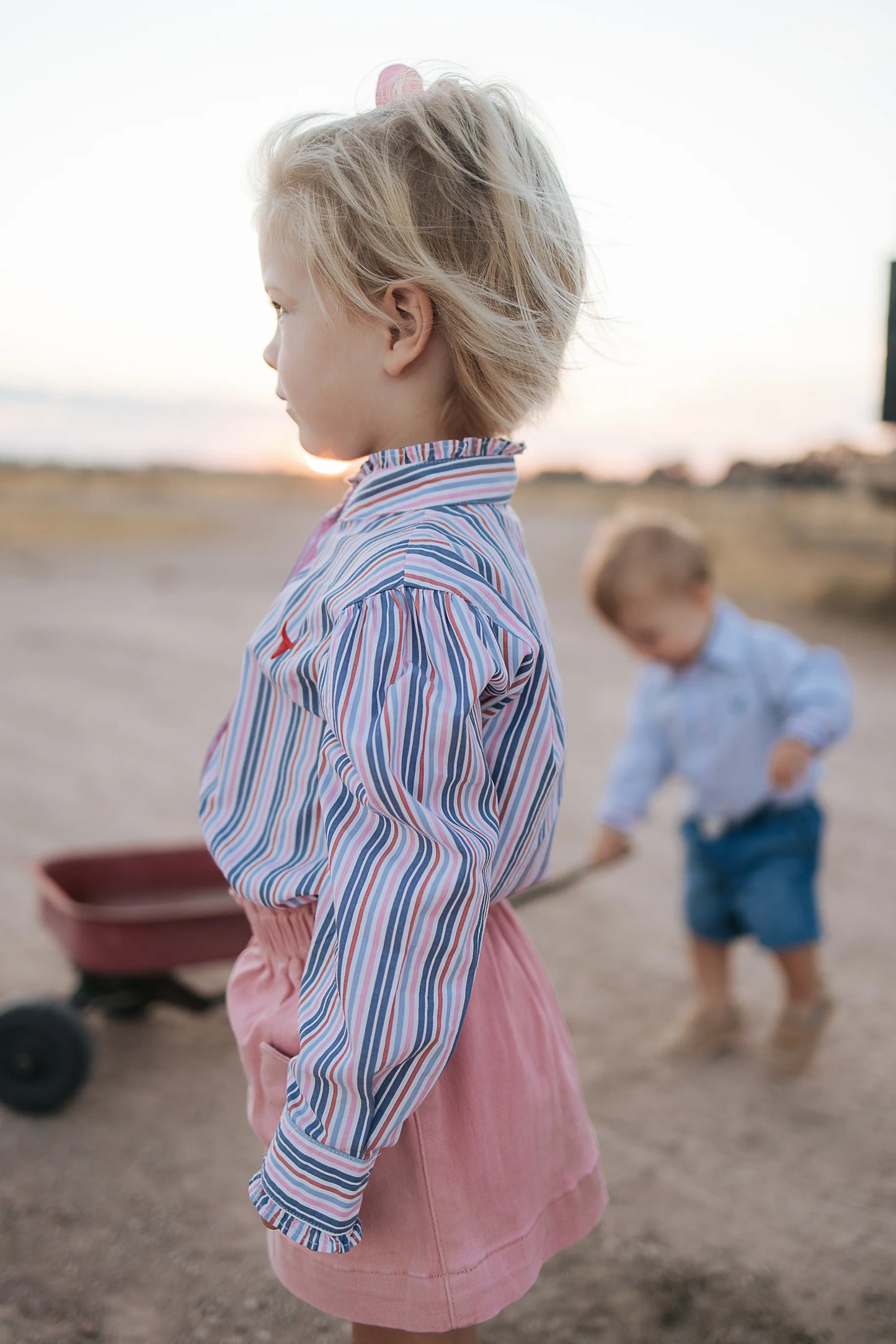 Lauren Multi Stripe Pink Ruffle Long Sleeve Shirt