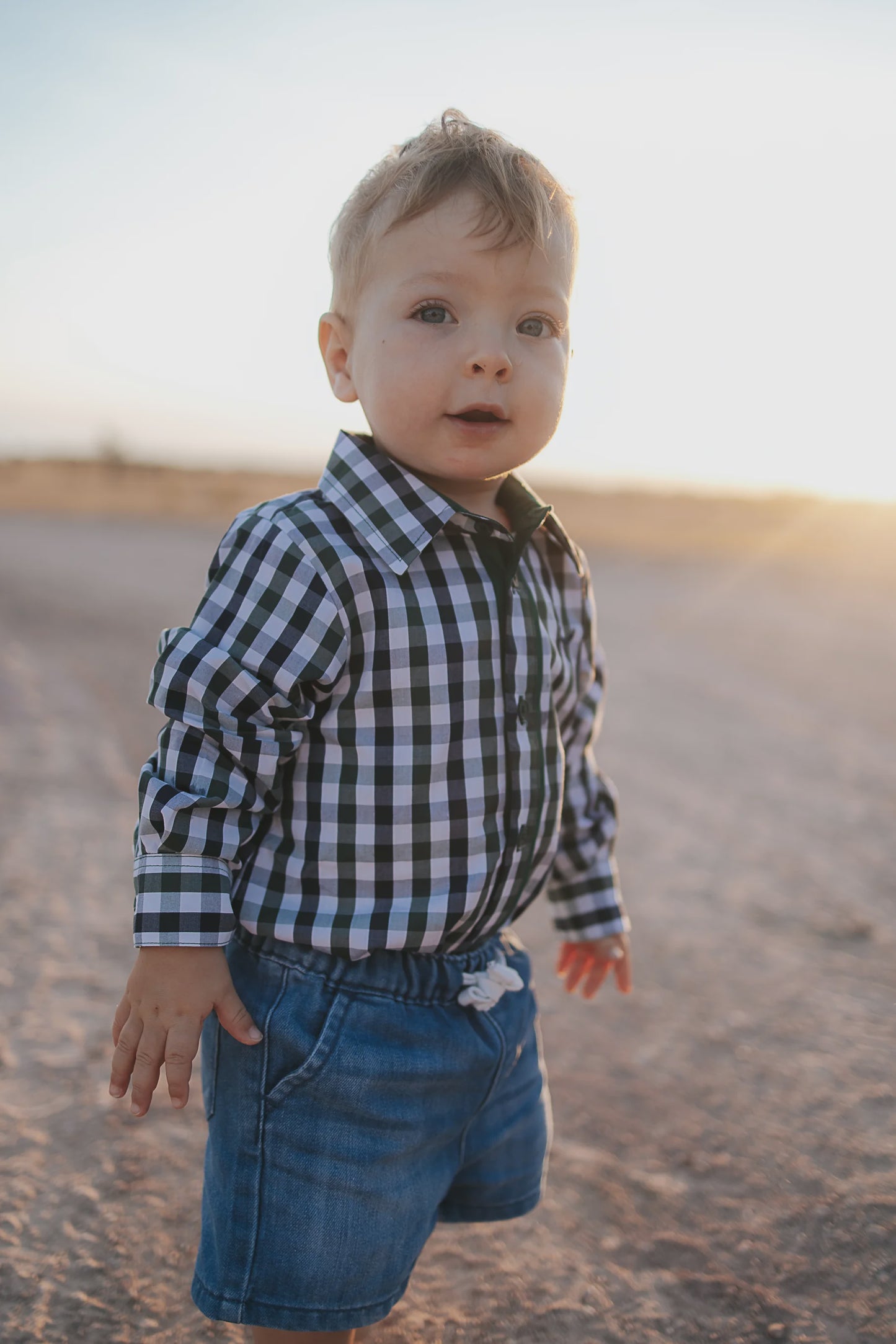 Cody Green and Navy Gingham Long Sleeve Romper