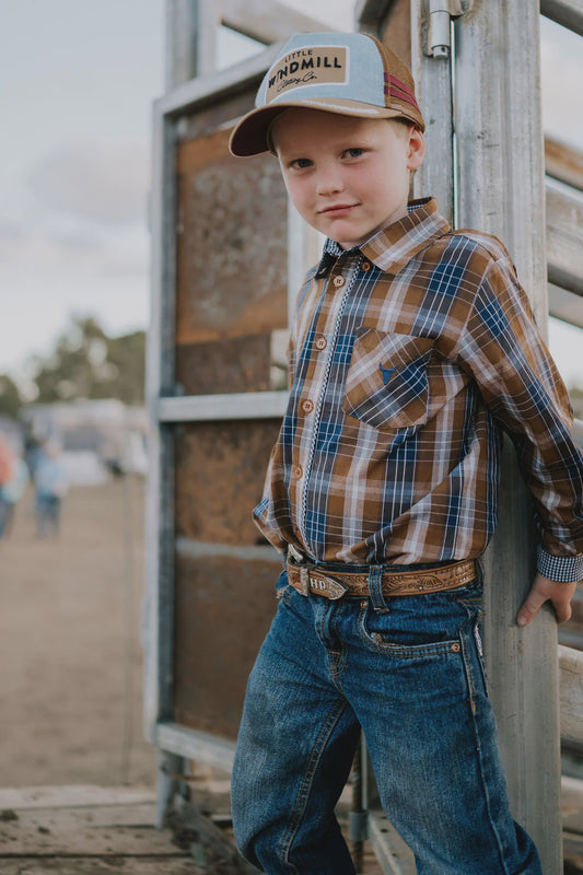 TJ Jnr Brown Checked Long Sleeve Shirt